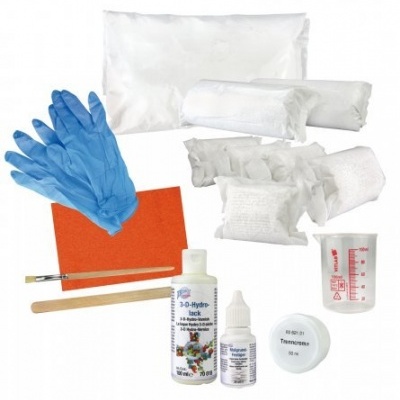 Kit para resina com luvas, panos, frascos, copo medidor, pincéis e palito