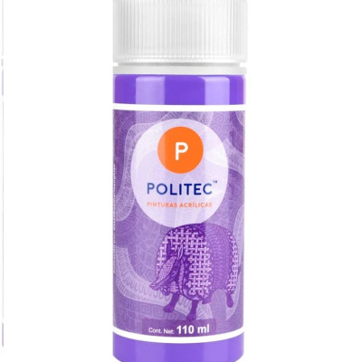 Frasco roxo de tinta acrílica POLITEC de 110 ml com tampa transparente e elefante no rótulo