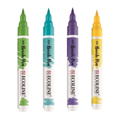 Quatro marcadores brush pen Ecoline nas cores verde, azul, roxo e amarelo