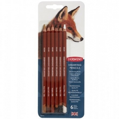 Pacote de lápis de desenho Derwent com 6 lápis e imagem de raposa na embalagem
