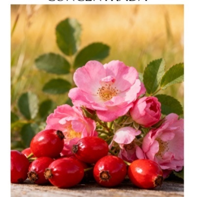 Bagas vermelhas e flores rosa de rosa mosqueta com texto ESSÊNCIA AROMÁTICA CONCENTRADA