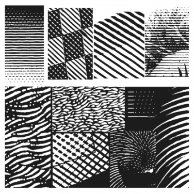 Padrões em preto e branco exibidos em vários retângulos e quadrados