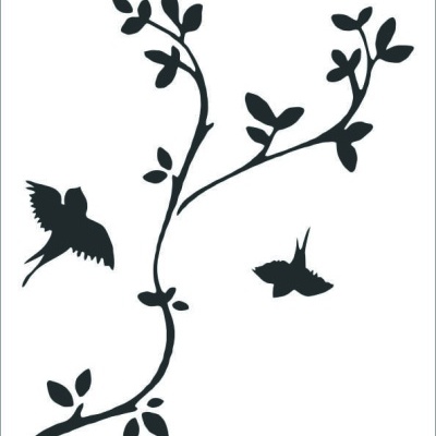Stencil decorativo com ramos, folhas e pássaros em silhueta preta