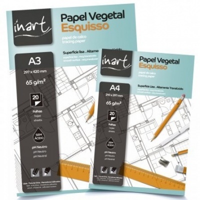 Papel vegetal Esquisso inart A3 e A4 com desenhos técnicos e utensílios de desenho na capa
