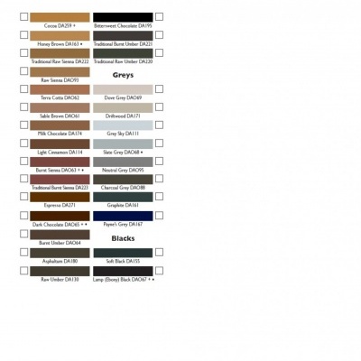 Paleta de cores com nomes e códigos para castanho, cinza e preto