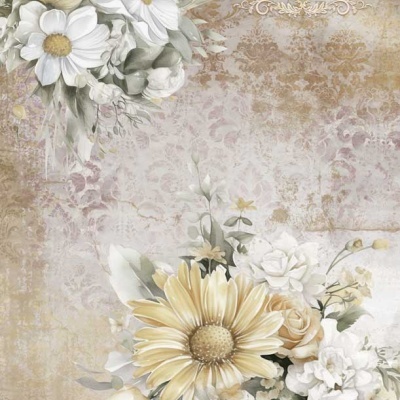 Padrão floral com flores brancas e amarelas e texto dourado MAISON de Confianze PARIS em fundo bege texturizado