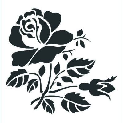 Stencil preto de uma rosa com folhas sobre fundo branco