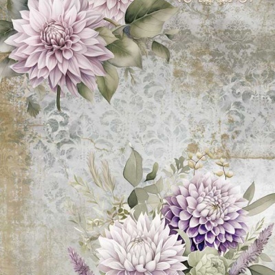 Papel de parede floral com flores lilás e branco e texto dourado MAISON de Confiance PARIS