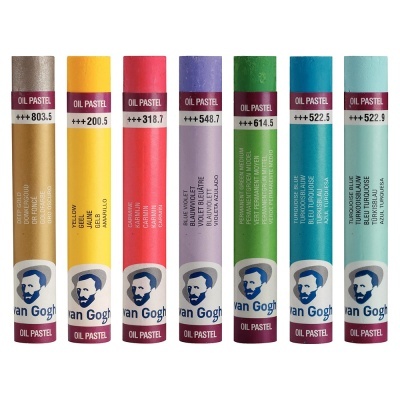 Set de 7 pastéis a óleo Van Gogh coloridos com etiquetas numeradas.