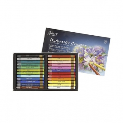 Conjunto de lápis de cera aquareláveis em estojo preto com embalagem azul com flores