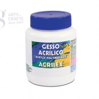 Frasco de gesso acrílico branco com tampa azul e rótulo colorido da marca ACRILEX