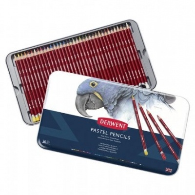 Estojo aberto de lápis de pastel Derwent com imagem de papagaio azul na tampa