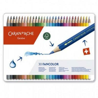 Conjunto de 30 lápis de cor Caran d'Ache Fancolor em caixa metálica com lápis organizados