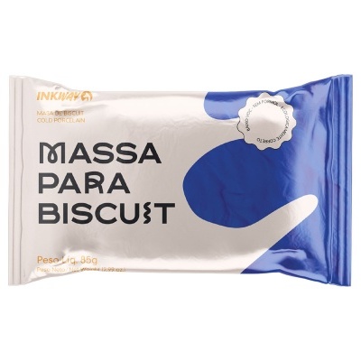Embalagem de massa para biscoito branca e azul com texto preto