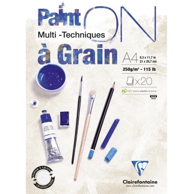 Bloco de papel para pintura Clairefontaine Paint ON à grain A4 250g/m² com pincéis, lápis e tinta azul ao fundo