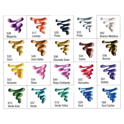 Paleta de cores de tinta com amostras espiraladas e nomes em português