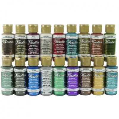 Conjunto de frascos de tinta acrílica metálica em várias cores com tampas douradas.