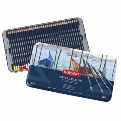 Conjunto de lápis de aguarela DERWENT em caixa metálica com tampa ilustrada de barcos na água