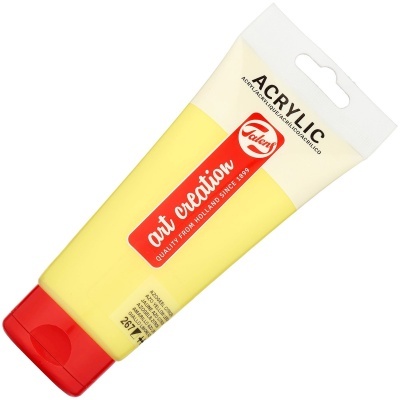 Tubo de tinta acrílica amarela Talens com tampa vermelha