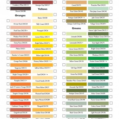 Paleta de cores com amostras em tons de laranja, amarelo e verde organizadas em colunas