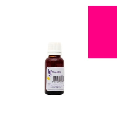 Frasco pequeno de vidro castanho com tampa branca e rótulo branco, quadrado rosa ao lado