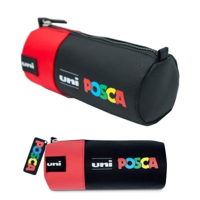Estojo preto e vermelho com as marcas uni e POSCA em letras coloridas