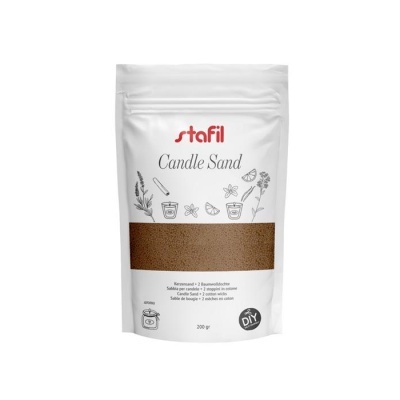 Saco branco com embalagem Candle Sand da marca stafil com conteúdo granulado castanho visível