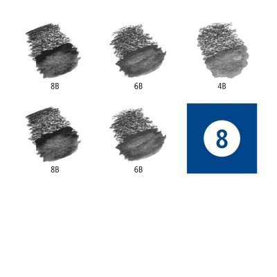 Amostras de grafite em diferentes tons e texturas com rótulos 8B, 6B, 4B e ícone azul com número 8