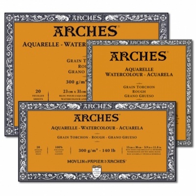 Três blocos de papel para aguarela Arches com etiquetas laranja e moldura cinza