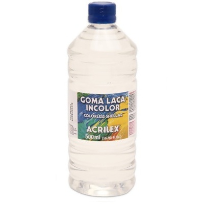 Frasco plástico transparente com líquido e rótulo colorido Acrilex