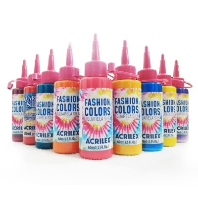 Frascos de tinta acrílica colorida Acrilex com tampa rosa e etiquetas coloridas.