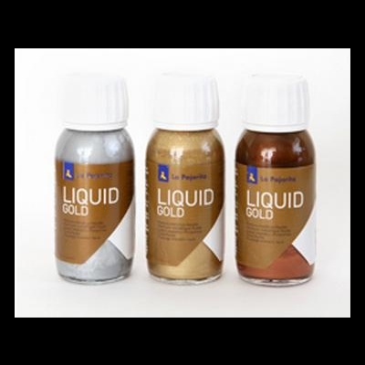 Três frascos de líquido metálico em prata, dourado e cobre com rótulos LIQUID GOLD.