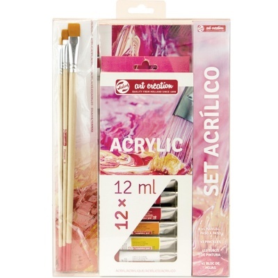 Conjunto de pintura acrílica com tintas, pincéis e bloco de folhas em embalagem rosa e branca