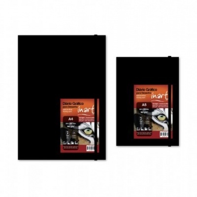 Dois diários gráficos com capas pretas e etiquetas com desenho de olho