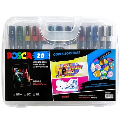 Estojo transparente com 20 marcadores Posca coloridos e etiqueta preta informativa
