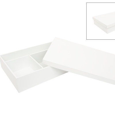 Caixa de arrumação branca com tampa e três compartimentos internos