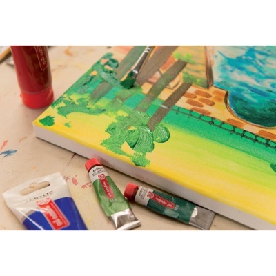 Tela pintada com tintas acrílicas e tubos de tinta ao redor