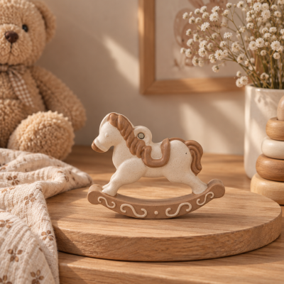 Cavalo de baloiço em cerâmica bege e castanha sobre mesa de madeira com urso de peluche e flores ao fundo