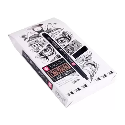 Caixa de canetas Micron preta com ilustrações artísticas em preto e branco