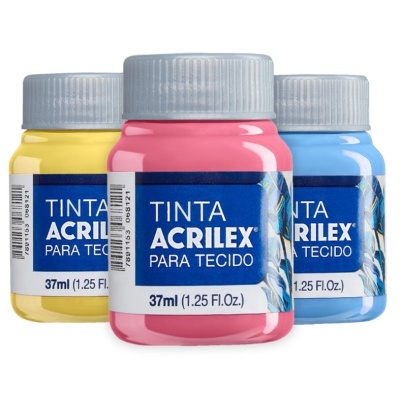 Frascos de tinta acrílica para tecido em amarelo, rosa e azul.