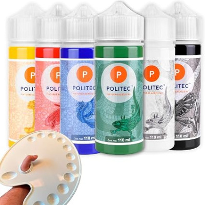 Frascos de tinta acrílica POLITEC coloridos e paleta de pintura branca com orifícios