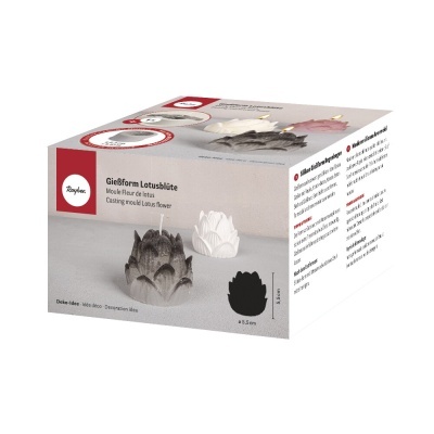 Molde para fundição em forma de flor de lótus numa caixa branca e vermelha