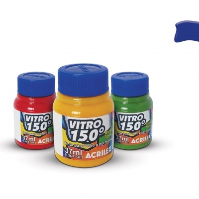 Frascos de tinta acrílica Vitro 150 em vermelho, amarelo e verde com tampas azuis