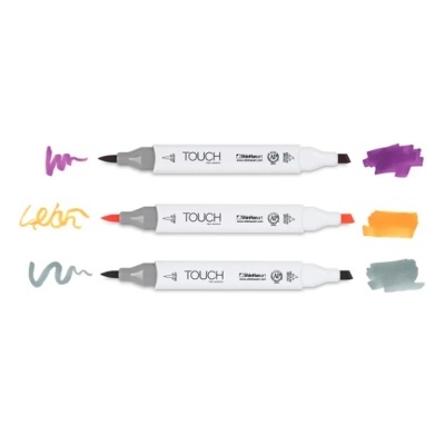 Três marcadores TOUCSh Dual Marker branco com pontas de pincel e chanfradas, nas cores roxa, laranja e cinza, mostrando amostras de cada cor.