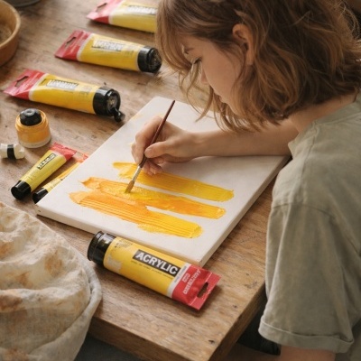 Menina a pintar com tintas acrílicas amarelas e laranja em tela sobre mesa de madeira