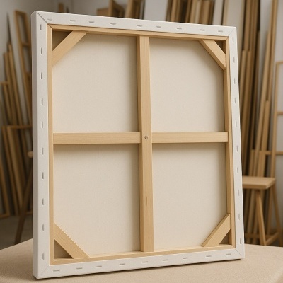 Tela de pintura branca esticada em estrutura de madeira