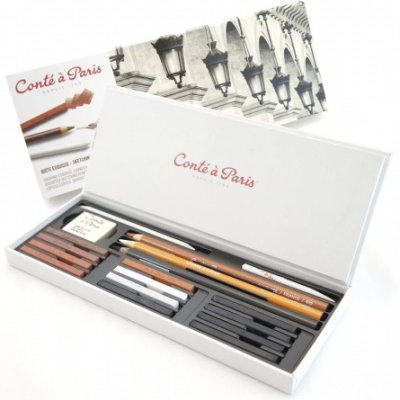 Estojo de materiais de desenho Conté à Paris com lápis, carvão, borracha e apontador