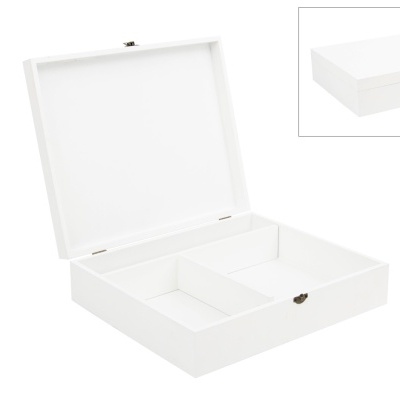 Caixa organizadora branca de madeira com divisórias e tampa aberta.