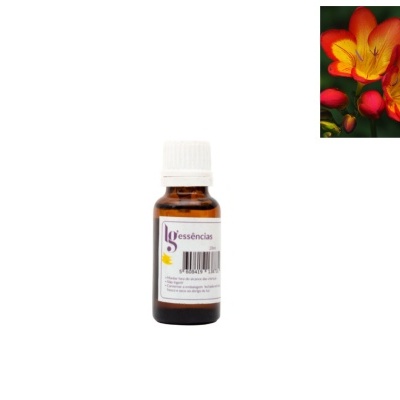 Frasco pequeno de vidro castanho com tampa branca e rótulo e flores amarelas e vermelhas