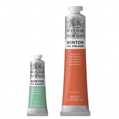 Duas bisnagas de tinta a óleo Winsor & Newton, uma verde pequena e uma maior terracota